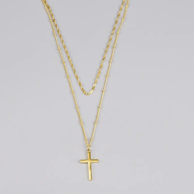 Γυναικεία αλυσίδα λαιμού ατσάλινη διπλή με σταυρό επιχρυσωμένη 18k (N1403) - necklace - charmy.gr