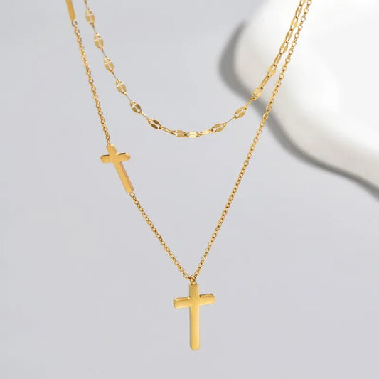 Αλυσίδα λαιμού ατσάλινη διπλή με σταυρούς επιχρυσωμένη - necklace - charmy.gr