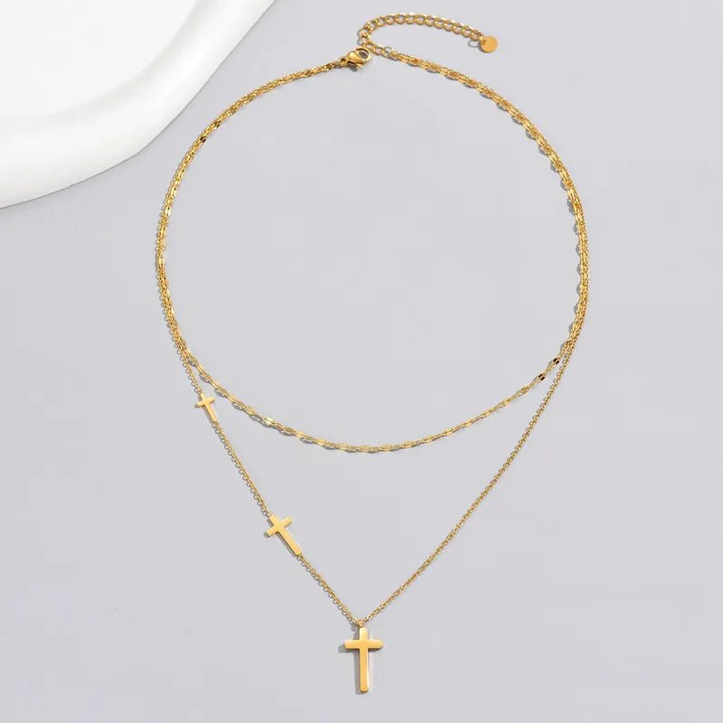 Γυναικεία αλυσίδα λαιμού ατσάλινη διπλή με σταυρούς επιχρυσωμένη - necklace - charmy.gr