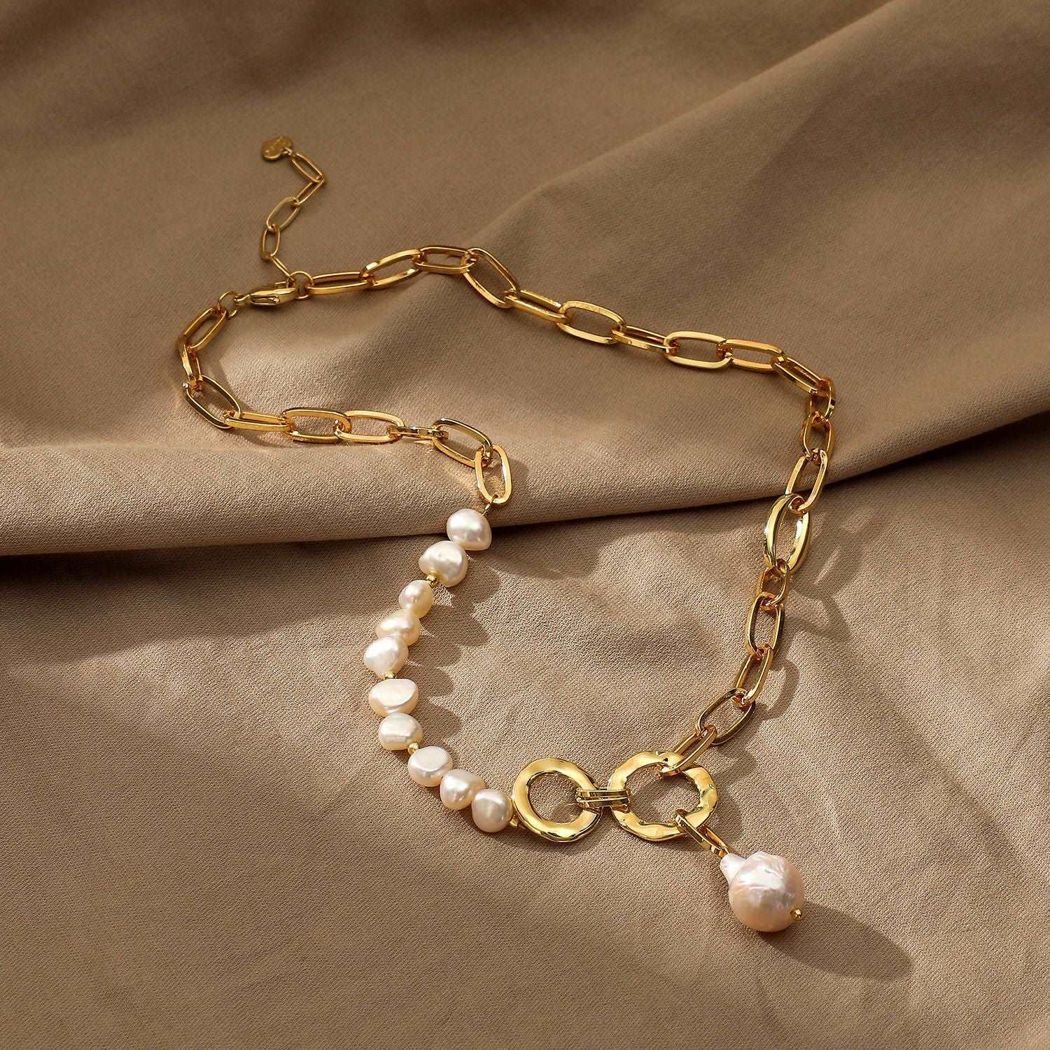 Αλυσίδα λαιμού ατσάλινη με πέρλες επιχρυσωμένη (N1416) - necklace - charmy.gr