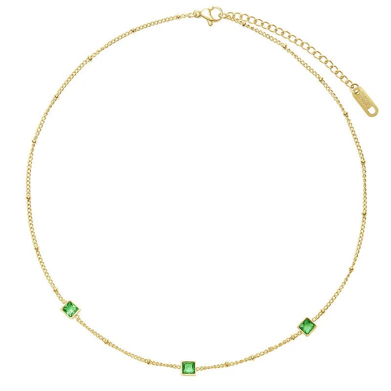Αλυσίδα λαιμού ατσάλινη με πράσινες πέτρες ζιργκόν επιχρυσωμένη (N1385) - necklace - charmy.gr