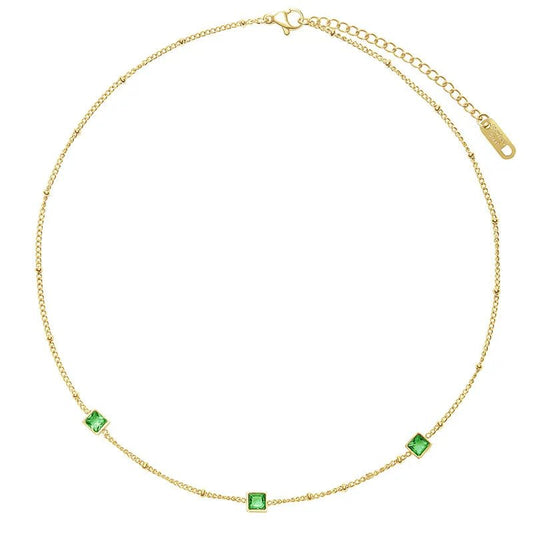 Αλυσίδα λαιμού ατσάλινη με πράσινες πέτρες ζιργκόν επιχρυσωμένη (N1385) - necklace - charmy.gr