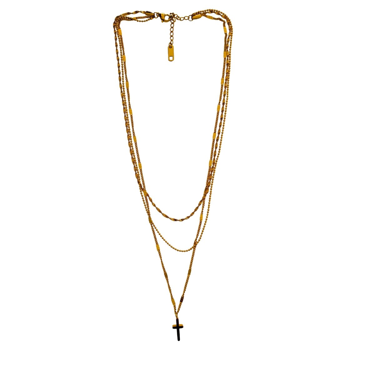 Αλυσίδα λαιμού ατσάλινη τριπλή με σταυρό επιχρυσωμένη 18k (N1372) - necklace - charmy.gr
