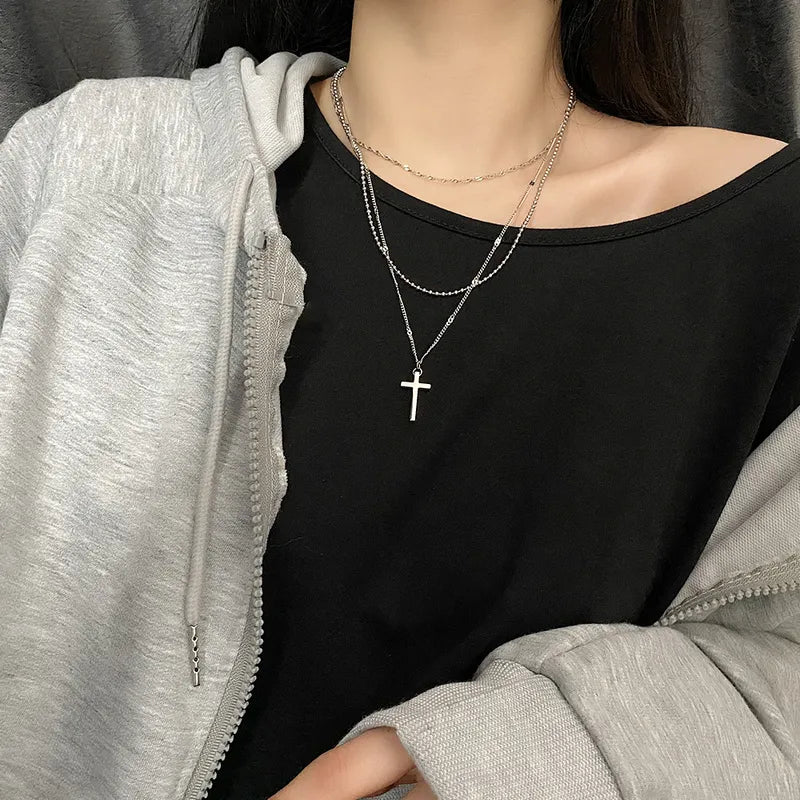 Γυναικεία αλυσίδα λαιμού ατσάλινη τριπλή με σταυρό χρώμα ασημί (N1373) - necklace - charmy.gr