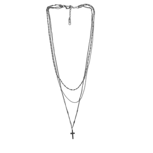 Αλυσίδα λαιμού ατσάλινη τριπλή με σταυρό χρώμα ασημί (N1373) - necklace - charmy.gr