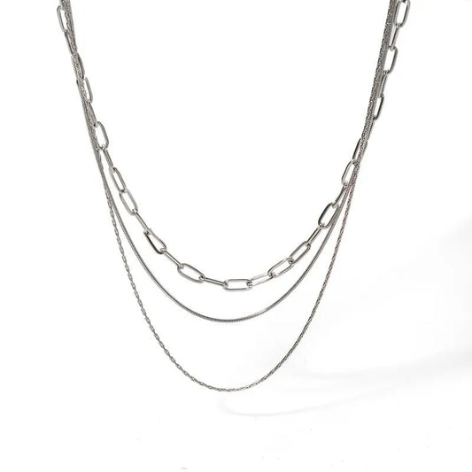 Αλυσίδα λαιμού ατσάλινη τριπλή χρώμα ασημί (N1398) - necklace - charmy.gr