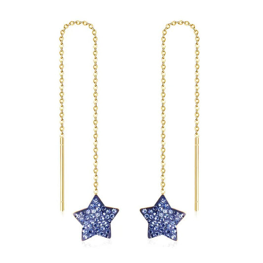 Ατσάλινα κρεμαστά σκουλαρίκια επιχρυσωμένα αστέρια με ζιργκόν 9 εκ (E1227) - earrings - charmy.gr