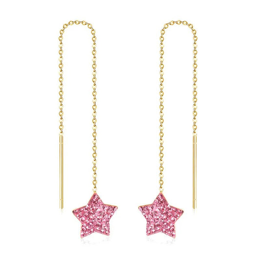 Ατσάλινα κρεμαστά σκουλαρίκια επιχρυσωμένα αστέρια με ζιργκόν 9 εκ (E1228) - earrings - charmy.gr