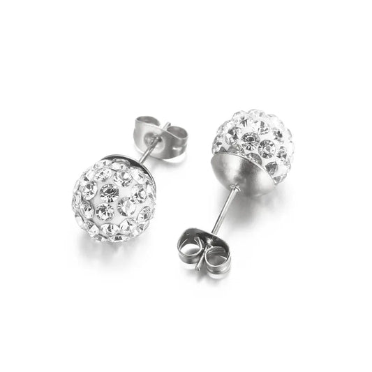 Ατσάλινα σκουλαρίκια καρφωτά διάμετρος 1 εκατοστό με λευκά ζιργκόν χρώμα ασημί (E1325) - earrings - charmy.gr