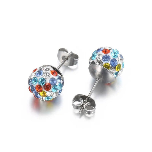 Ατσάλινα σκουλαρίκια καρφωτά διάμετρος 1 εκατοστό με χρωματιστά ζιργκόν χρώμα ασημί (E1323) - earrings - charmy.gr