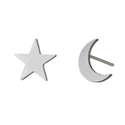 Ατσάλινα σκουλαρίκια καρφωτά φεγγάρι - αστέρι χρώμα ασημί (E1255) - earrings - charmy.gr