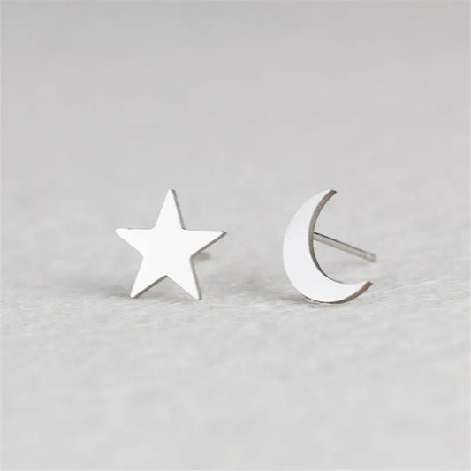 Γυναικεία ατσάλινα σκουλαρίκια καρφωτά φεγγάρι - αστέρι χρώμα ασημί (E1255) - earrings - charmy.gr