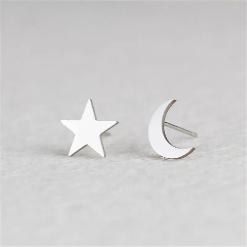Γυναικεία ατσάλινα σκουλαρίκια καρφωτά φεγγάρι - αστέρι χρώμα ασημί (E1255) - earrings - charmy.gr