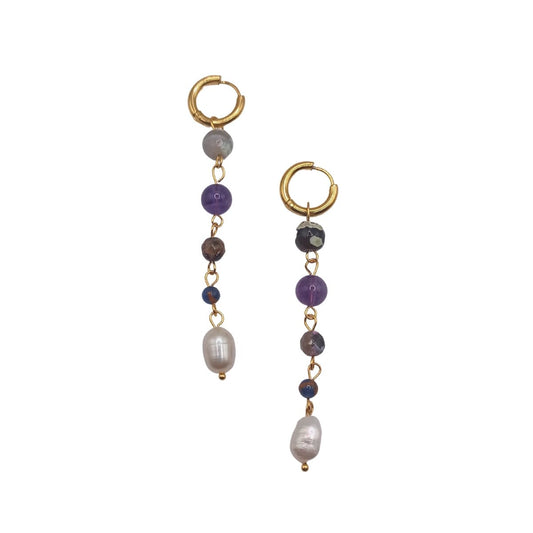 Ατσάλινα σκουλαρίκια κρεμαστά με φυσικές πέτρες και πέρλα (E1130) - earrings - charmy.gr
