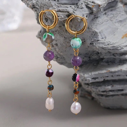 Γυναικεία ατσάλινα σκουλαρίκια κρεμαστά με φυσικές πέτρες και πέρλα (E1130) - earrings - charmy.gr