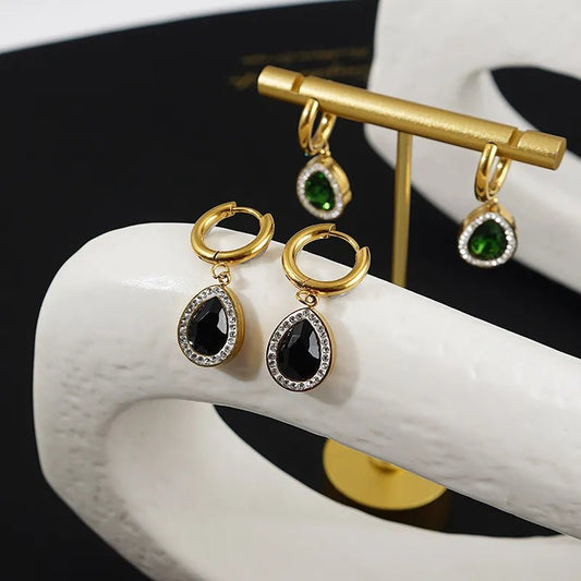 Γυναικεία ατσάλινα σκουλαρίκια κρεμαστά σταγόνες με μωβ πέτρες ζιργκόν (E1121) - earrings - charmy.gr