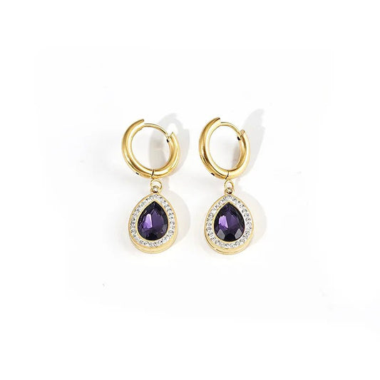 Ατσάλινα σκουλαρίκια κρεμαστά σταγόνες με μωβ πέτρες ζιργκόν (E1121) - earrings - charmy.gr