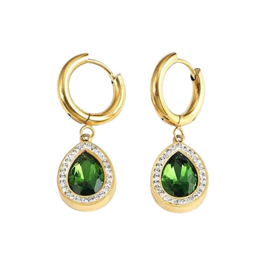 Ατσάλινα σκουλαρίκια κρεμαστά σταγόνες με πράσινη πέτρα ζιργκόν (E1122)  - earrings - charmy.gr