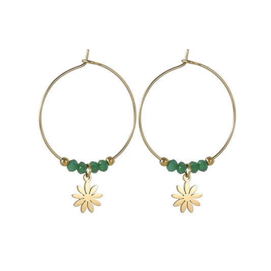 Ατσάλινα σκουλαρίκια κρίκοι 2.5 εκατοστά με κρεμαστό λουλούδι και χάντρες (E1144) - earrings  - charmy.gr