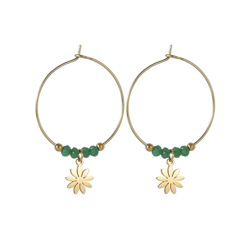 Ατσάλινα σκουλαρίκια κρίκοι 2.5 εκατοστά με κρεμαστό λουλούδι και χάντρες (E1144) - earrings  - charmy.gr