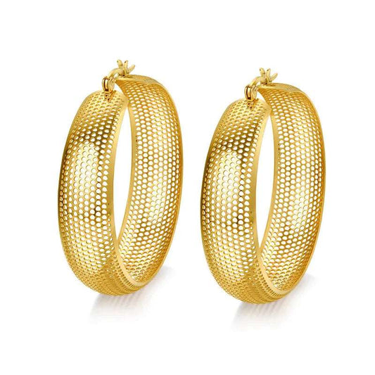 Ατσάλινα σκουλαρίκια κρίκοι διάτρητοι επιχρυσωμένοι (E1338) - earrings - charmy.gr