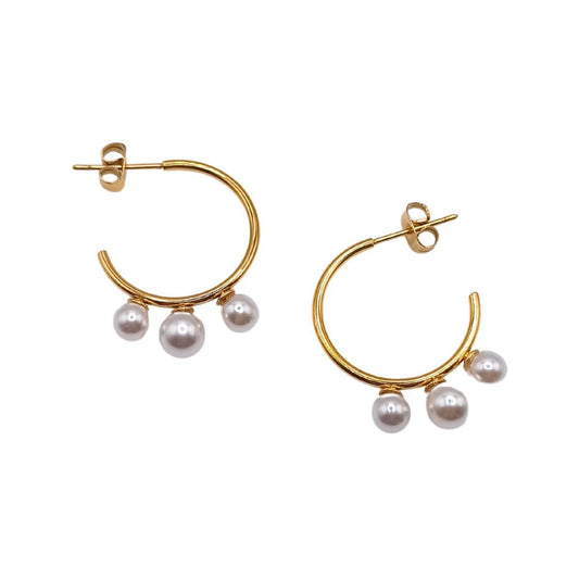 Ατσάλινα σκουλαρίκια κρίκοι επιχρυσωμένοι με 3 πέρλες (E1194)  - earrings - charmy.gr