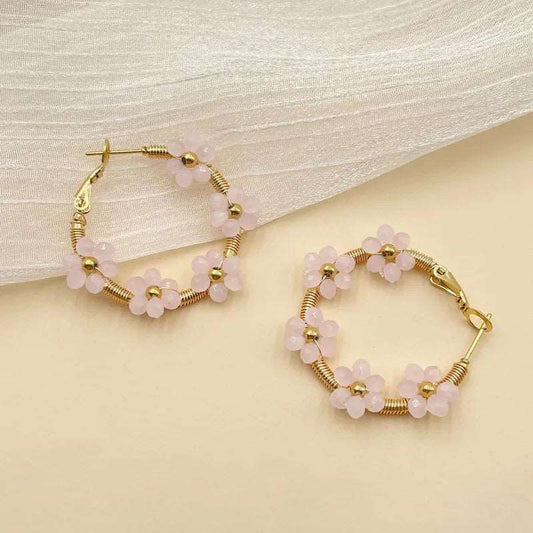 Γυναικεία ατσάλινα σκουλαρίκια κρίκοι επιχρυσωμένοι με ροζ λουλούδια (E1126)  - earrings - charmy.gr