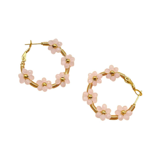 Ατσάλινα σκουλαρίκια κρίκοι επιχρυσωμένοι με ροζ λουλούδια (E1126)  - earrings - charmy.gr