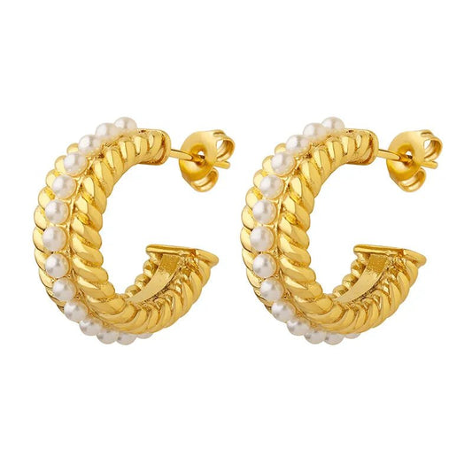 Ατσάλινα σκουλαρίκια κρίκοι μάκρος 2.3 εκατοστά με μικρές πέρλες επιχρυσωμένοι 18k (E1333) - earrings - charmy.gr