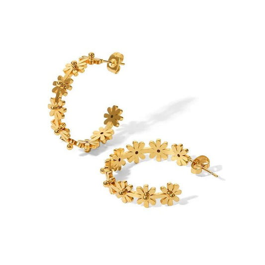 Ατσάλινα σκουλαρίκια κρίκοι με λουλούδια επιχρυσωμένοι (E1120) - earrings - charmy.gr