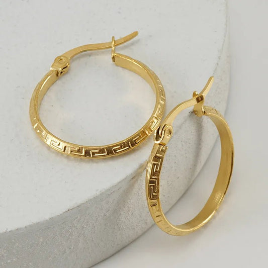 Γυναικείο ατσάλινα σκουλαρίκια κρίκοι μικροί με γεωμετρικά σχέδια (E1151) - earrings  - charmy.gr