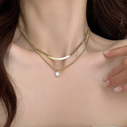 Γυναικεία ατσάλινη αλυσίδα λαιμού διπλή μια φίδι και μια απλή επιχρυσωμένη με κρεμαστό ζιργκόν (N1219) - necklace - charmy.gr