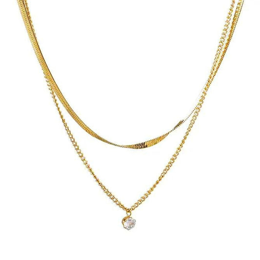 Ατσάλινη αλυσίδα λαιμού διπλή μια φίδι και μια απλή επιχρυσωμένη με κρεμαστό ζιργκόν (N1219) - necklace - charmy.gr