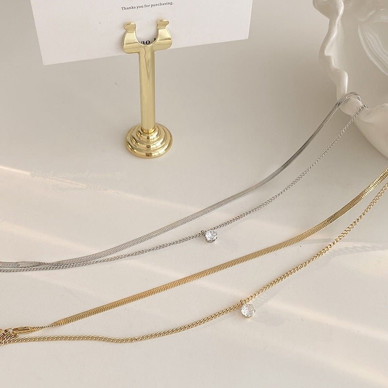 Γυναικεία ατσάλινη αλυσίδα λαιμού διπλή μια φίδι και μια απλή επιχρυσωμένη με κρεμαστό ζιργκόν (N1219) - necklace - charmy.gr