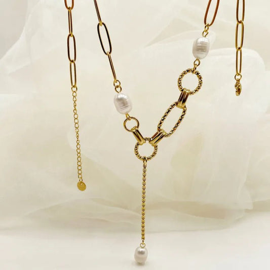 Γυναικεία ατσάλινη αλυσίδα λαιμού επιχρυσωμένη με πέρλες (N1196) - necklace - charmy.gr