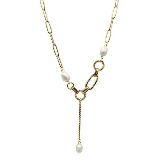 Ατσάλινη αλυσίδα λαιμού επιχρυσωμένη με πέρλες (N1196) - necklace - charmy.gr