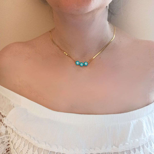 Γυναικεία ατσάλινη αλυσίδα λαιμού φίδι επιχρυσωμένη με τρία ματάκια (N1213) - necklace - charmy.gr