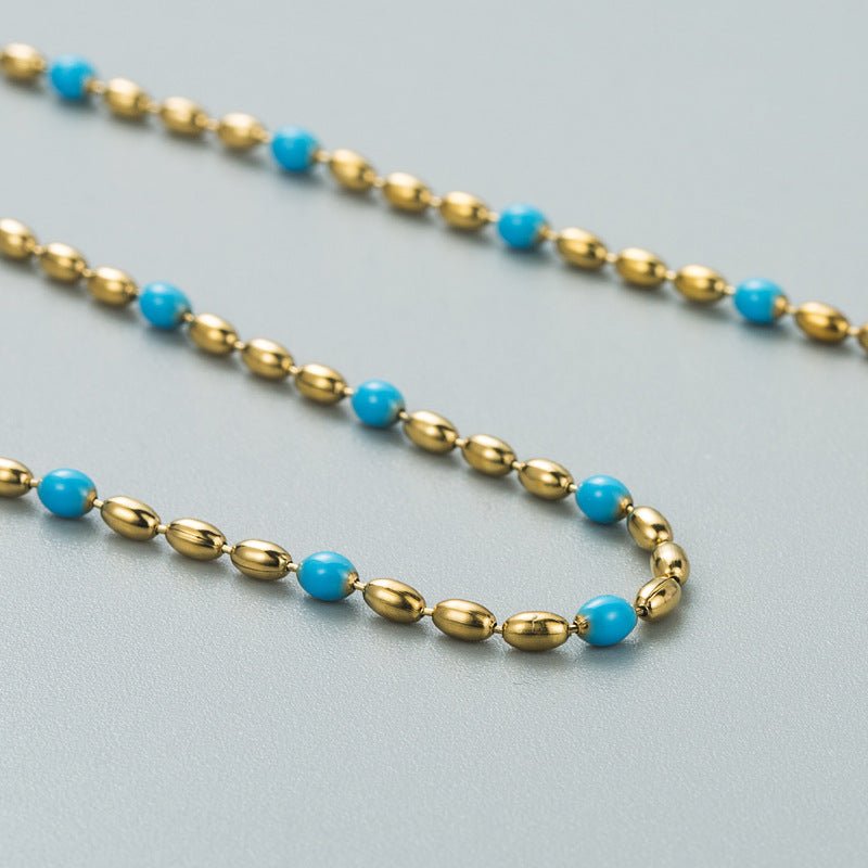 Γυναικεία ατσάλινη αλυσίδα λαιμού ροζάριο επιχρυσωμένη με μπλε χάντρες (N1218)  - necklace - charmy.gr