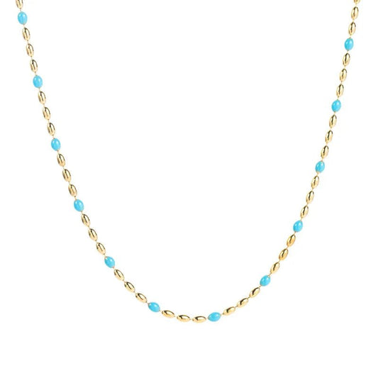 Ατσάλινη αλυσίδα λαιμού ροζάριο επιχρυσωμένη με μπλε χάντρες (N1218)  - necklace - charmy.gr