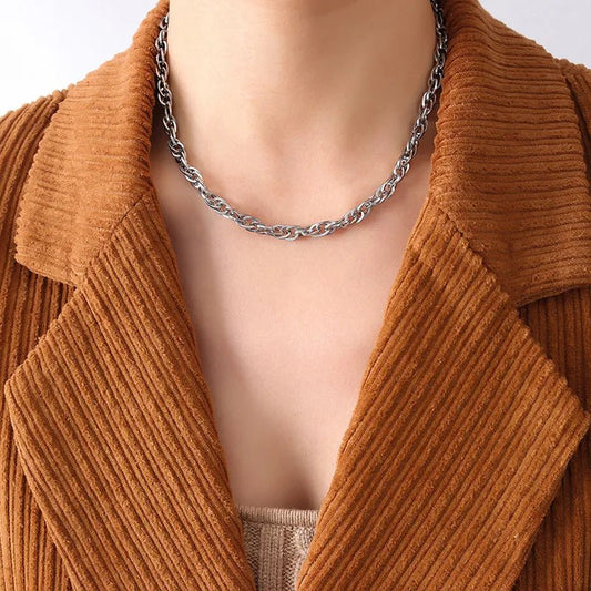 Ατσάλινη αλυσίδα λαιμού χοντρή μήκος 40+5 χρώμα ασημί - necklace - charmy.gr