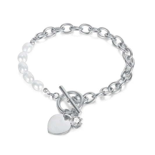 Ατσάλινη αλυσίδα χεριού καρδιά με μαργαριτάρια γλυκού νερού (B1263)  - bracelet - charmy.gr