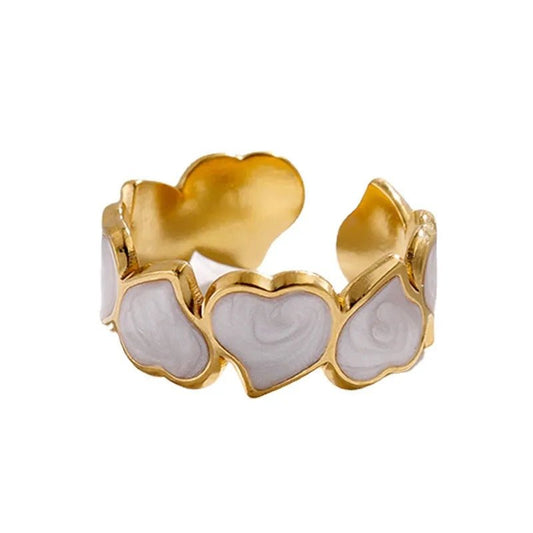 Ατσάλινο δαχτυλίδι καρδιά με λευκό σμάλτο χρώμα χρυσό one size (R1338) - ring – charmy.gr