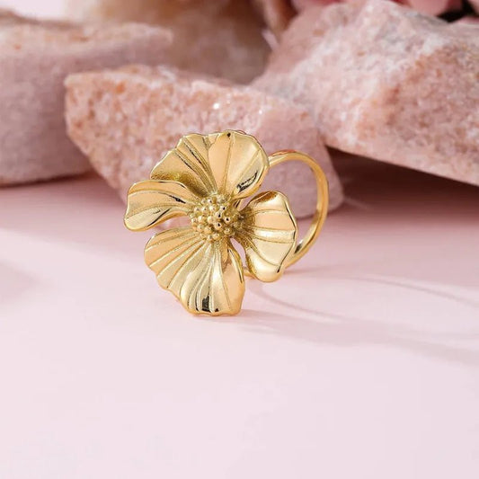Ατσάλινο δαχτυλίδι λουλούδι επιχρυσωμένο 18k ρυθμιζόμενο (R1333) – ring – charmy.gr