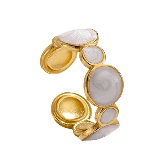 Ατσάλινο δαχτυλίδι με κυκλικά στοιχεία με άσπρο σμάλτο (R1257) - ring - charmy.gr