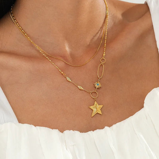 Γυναικείο ατσάλινο διπλό κολιέ επιχρυσωμένο με αστέρι (N1314) - necklace - charmy.gr