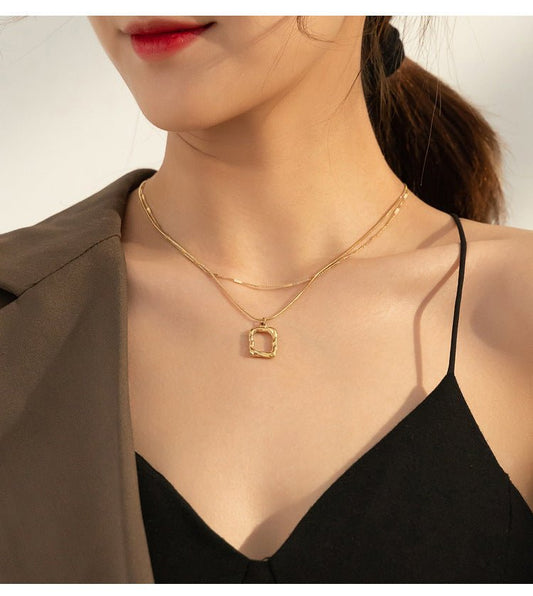 Γυναικείο ατσάλινο κολιέ διπλό επιχρυσωμένο με γεωμετρικό σχέδιο μενταγιόν (N1204)  - necklace - charmy.gr