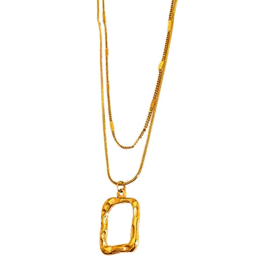 Ατσάλινο κολιέ διπλό επιχρυσωμένο με γεωμετρικό σχέδιο μενταγιόν (N1204)  - necklace - charmy.gr