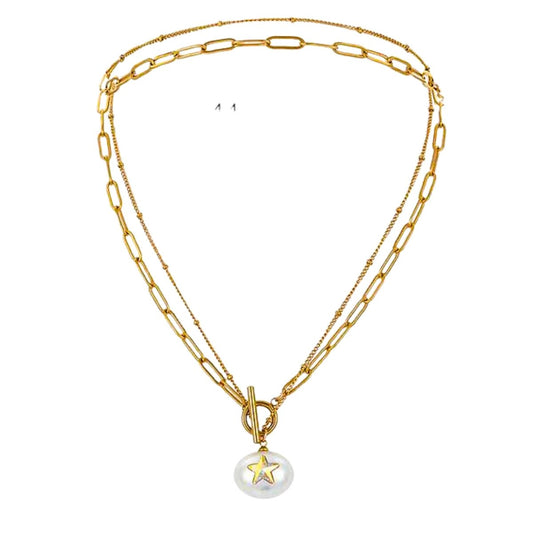 Ατσάλινο κολιέ διπλό επιχρυσωμένο με πέρλα (N1261)  - necklace - charmy.gr
