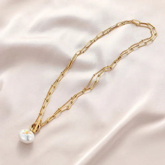 Γυναικείο ατσάλινο κολιέ διπλό επιχρυσωμένο με πέρλα (N1261)  - necklace - charmy.gr