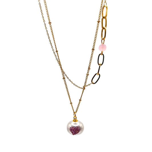 Ατσάλινο κολιέ διπλό επιχρυσωμένο με πέρλα (N1262)  - necklace - charmy.gr